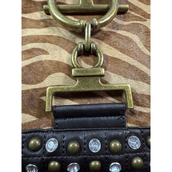 Vintage Studded Leather Tote Bag Zebra Haircalf Front Hardware Boho Chic Y2K - Picture 4 of 16